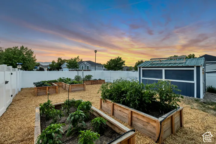 Backyard garden featuring multiple raised wood planters, planted vegetation, a white privacy fence, and a storage shed with a green metal roof