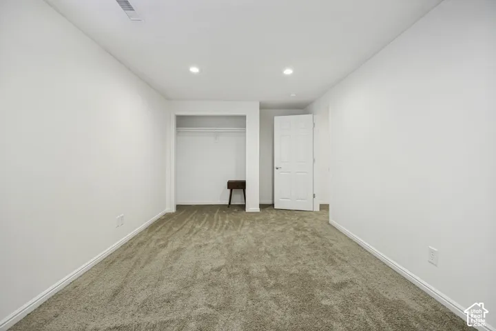 Neutral-toned carpet flooring featuring white baseboards, a recessed closet with shelving, and a paneled interior door