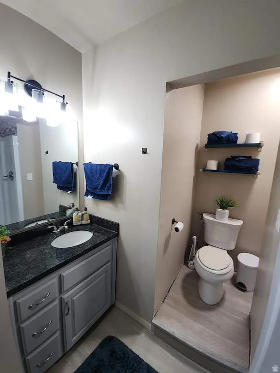 Bathroom featuring a vanity with a dark countertop, white oval sink, and gray cabinetry