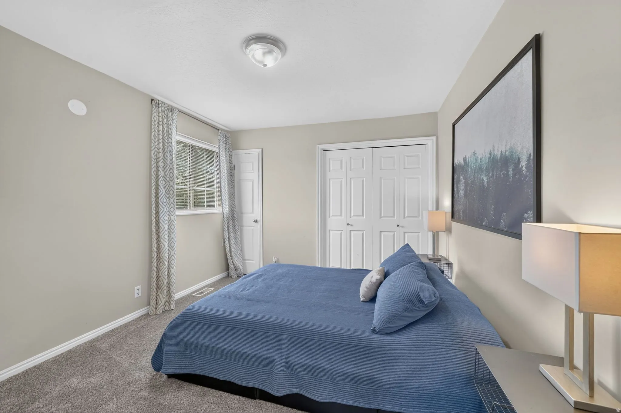 Carpeted room with neutral wall tones and a ceiling-mounted light fixture
