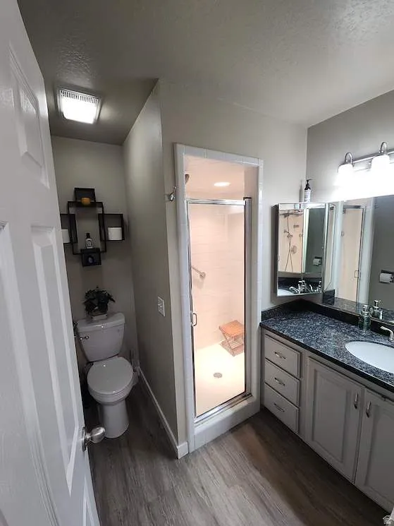 Bathroom featuring a glass-enclosed shower, single vanity with a dark speckled countertop, wood-finish flooring, and a white toilet