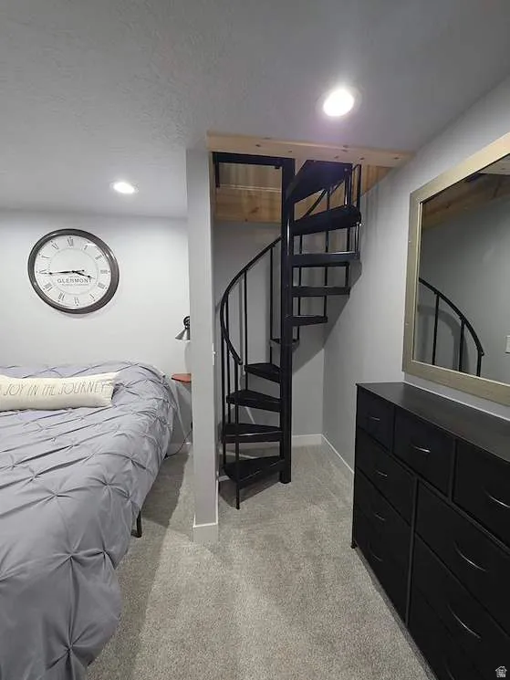 Black spiral staircase with wood-finish header and light gray carpeted flooring