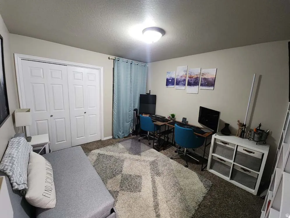 Carpeted interior room with neutral-toned walls, featuring a flush-mount ceiling light
