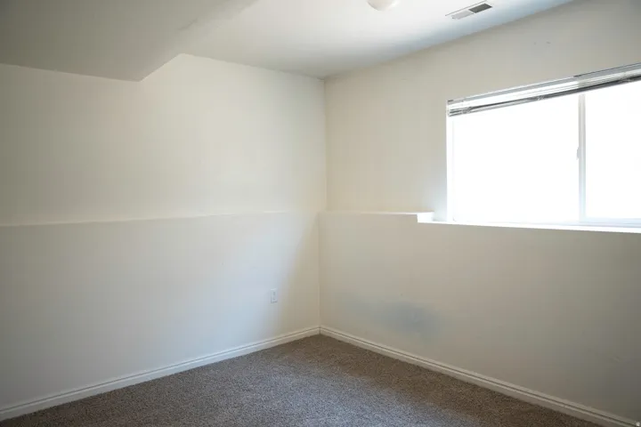 Carpeted room featuring a window with white trim, a ceiling-mounted light fixture, and a wall vent