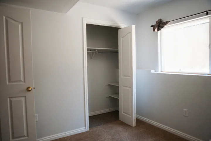Room featuring light gray walls, brown carpet flooring, and white trim