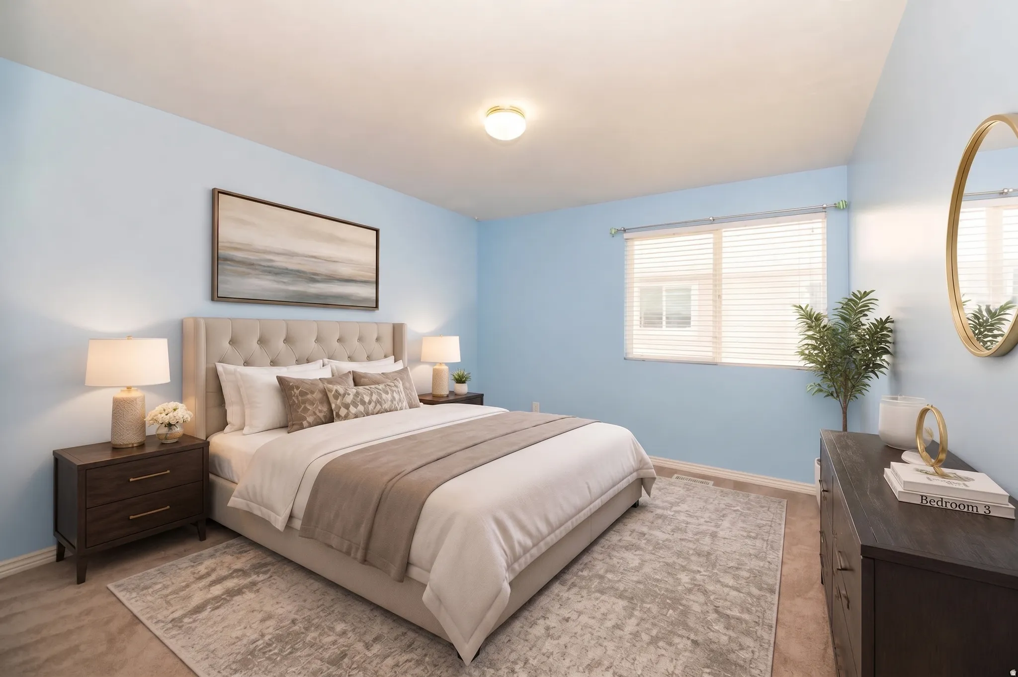 Carpeted flooring, window with blinds, overhead lighting, and light blue walls