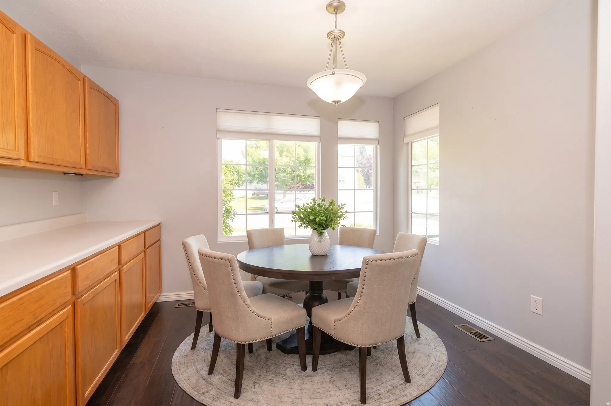 Wood-finish flooring, recessed lighting, built-in cabinetry with light wood-finish, white countertops, and multiple windows
