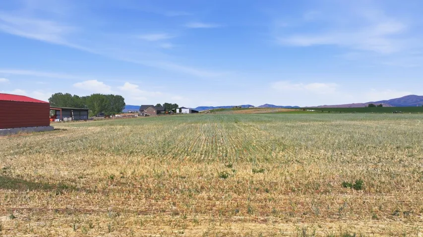 Expansive agricultural land featuring planted rows and a red barn structure