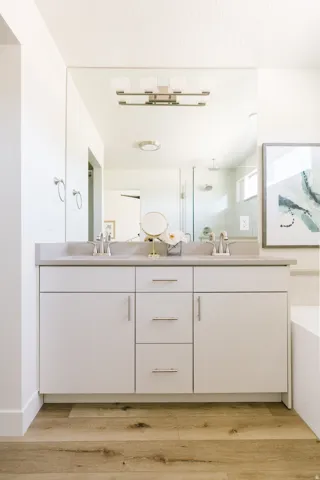 Double vanity featuring a light-toned countertop, dual sinks with chrome fixtures, and white cabinetry with brushed nickel hardware