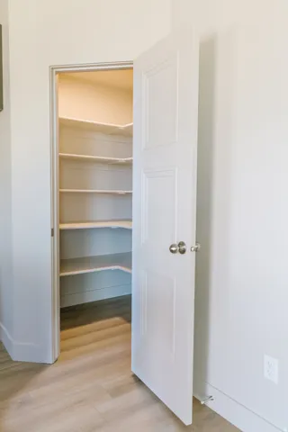 Walk-in pantry featuring light wood-finish flooring, built-in shelving, white paneled door, and brushed nickel hardware