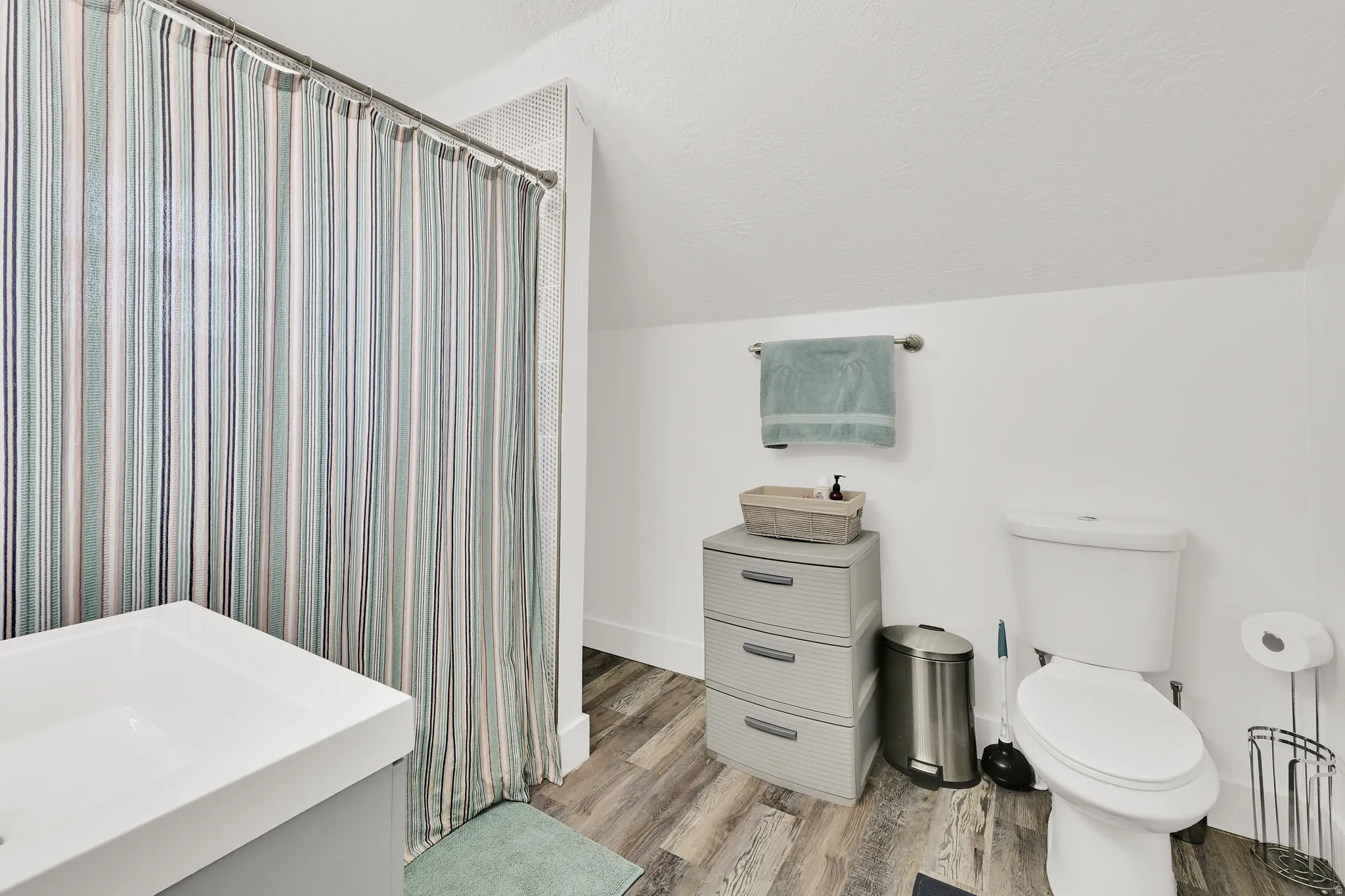 Bathroom featuring a white toilet, contemporary vanity with white basin, and wood-finish flooring