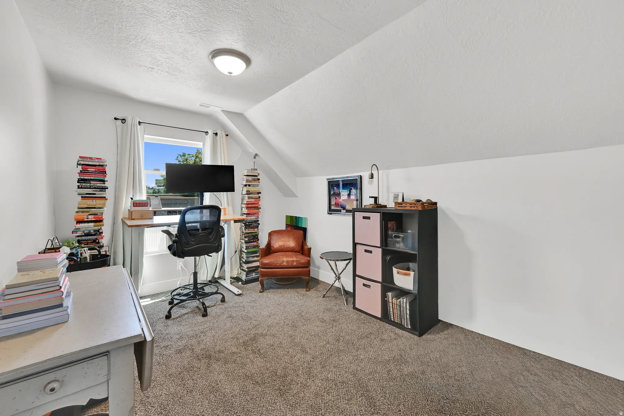 Carpeted room with a pitched ceiling and a single window