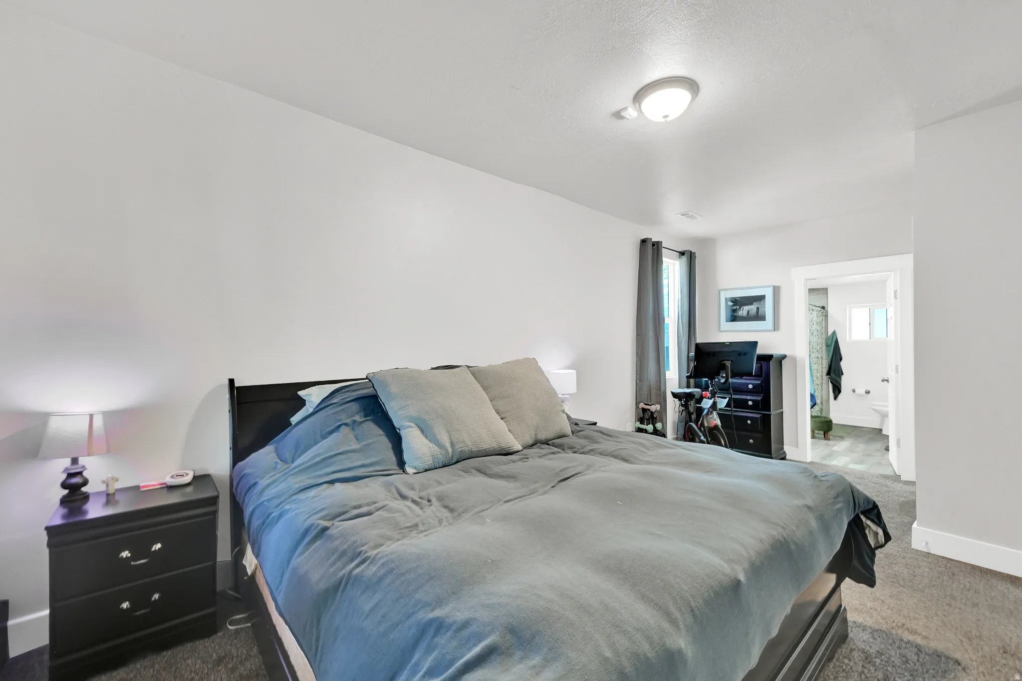 Carpeted bedroom featuring white walls and a ceiling-mounted light fixture