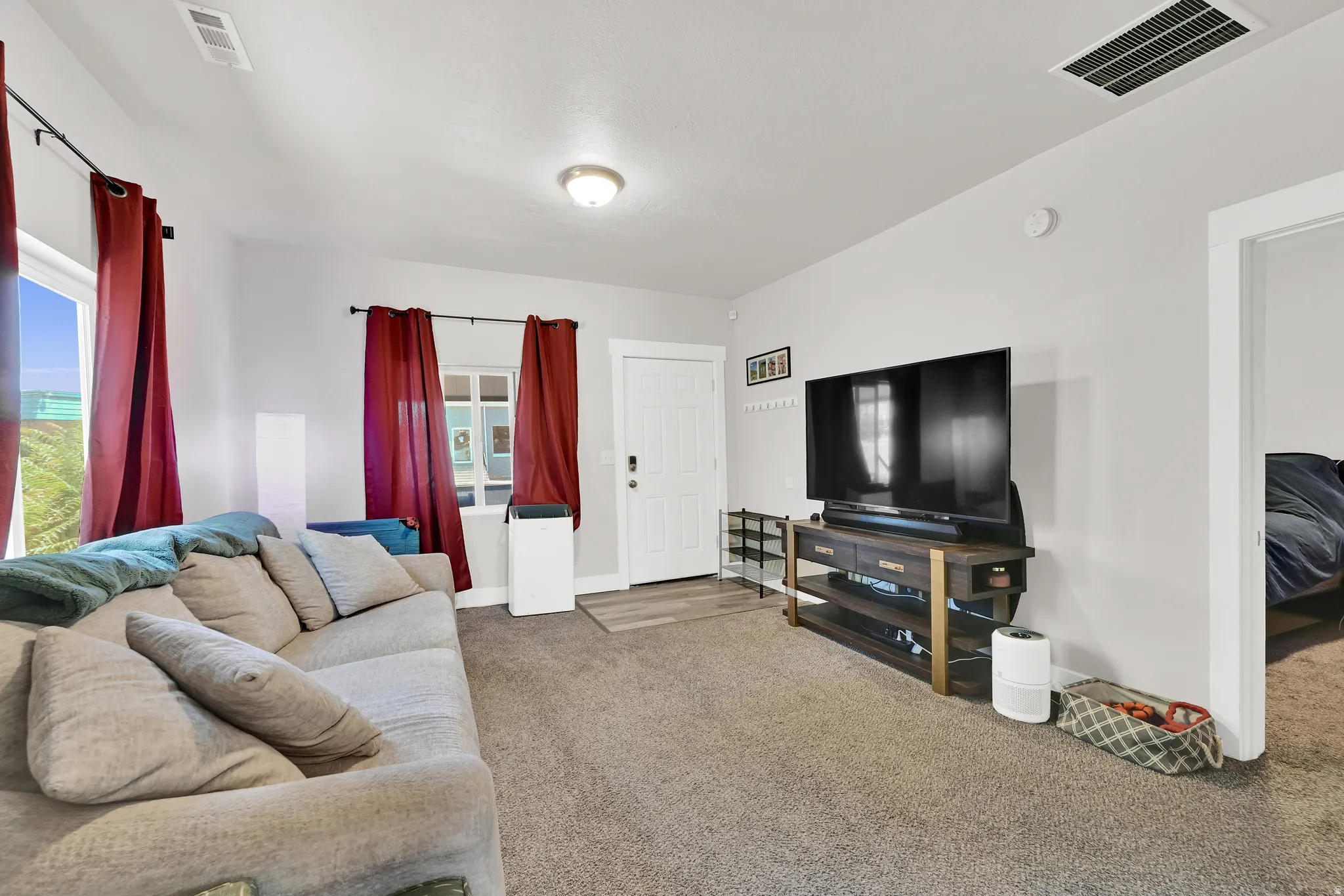 Living space with light gray walls, a white front entry door, and a single ceiling light fixture