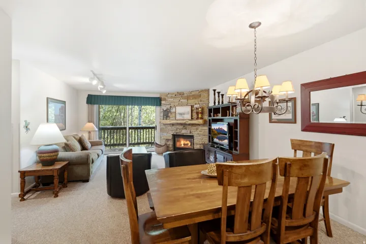 Open-concept living space featuring a stacked stone fireplace, sliding glass door with balcony access, warm-toned carpeting, and track lighting