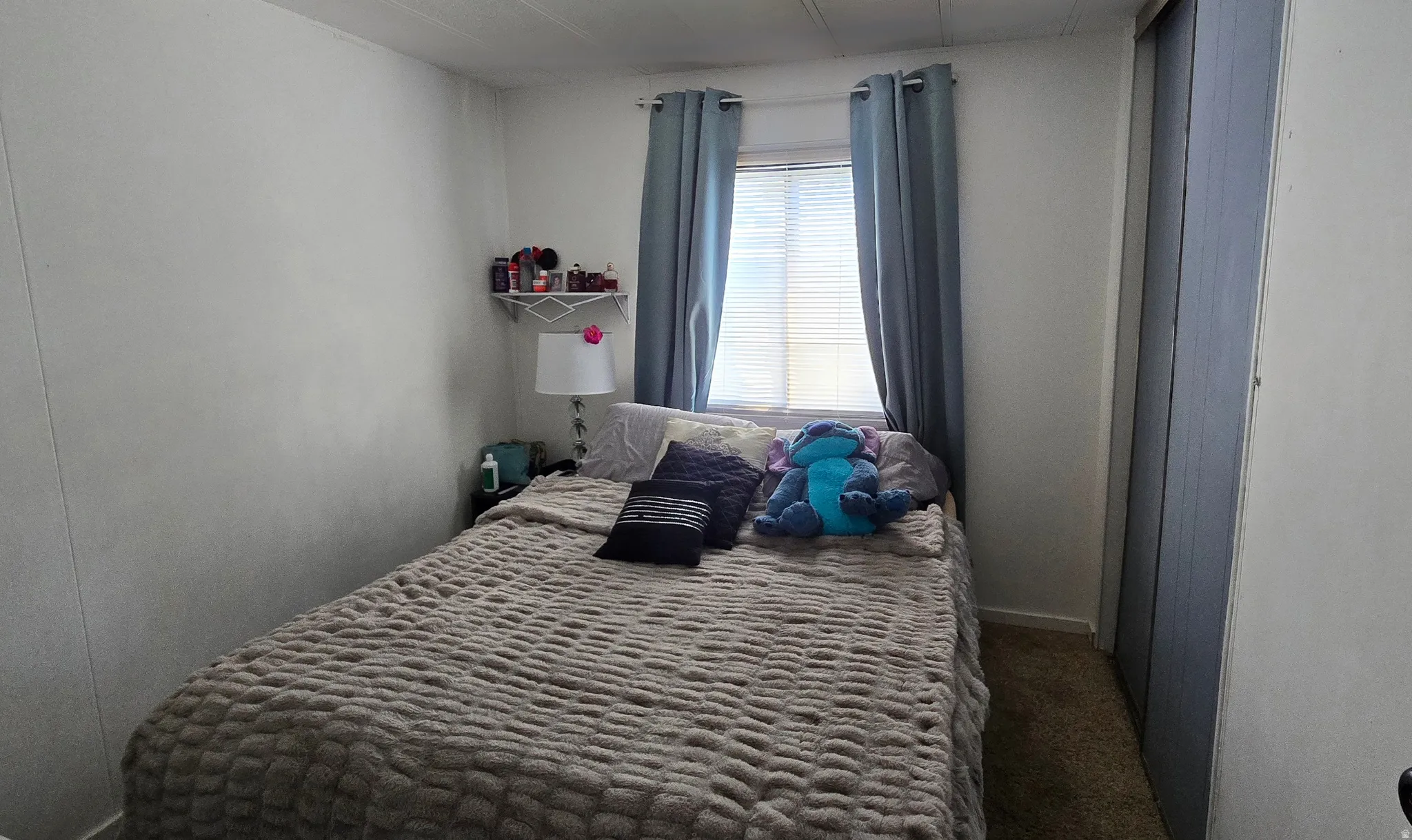 Bright interior space featuring a window with blinds, soft window treatments, a built-in corner shelf, and carpet flooring
