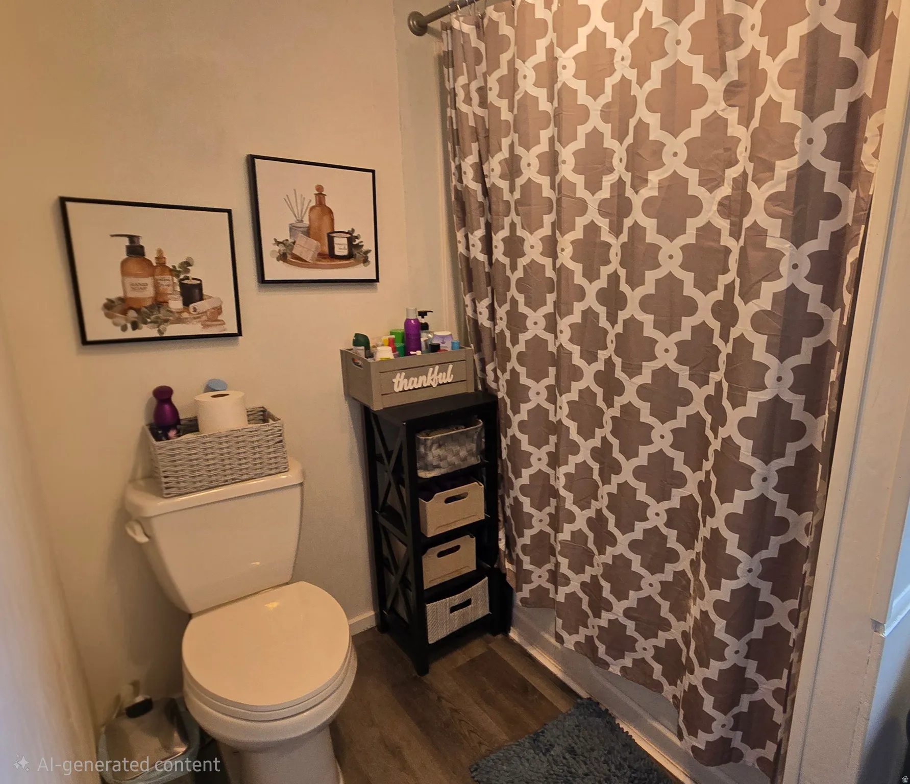 Bathroom featuring a standard toilet, wood-finish flooring, and a shower with a patterned curtain