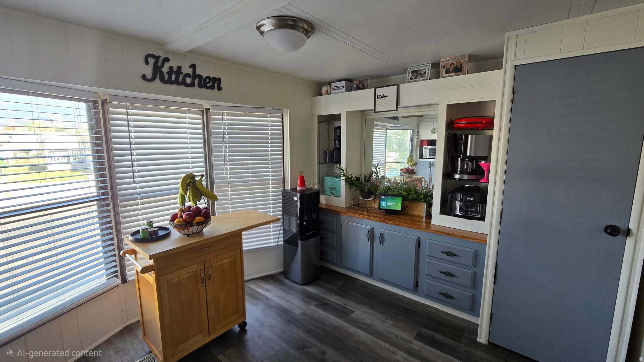 Kitchen area featuring wood-finish flooring, multiple windows with blinds, a built-in cabinetry unit with wood-finish countertops and blue cabinet doors, and recessed shelving