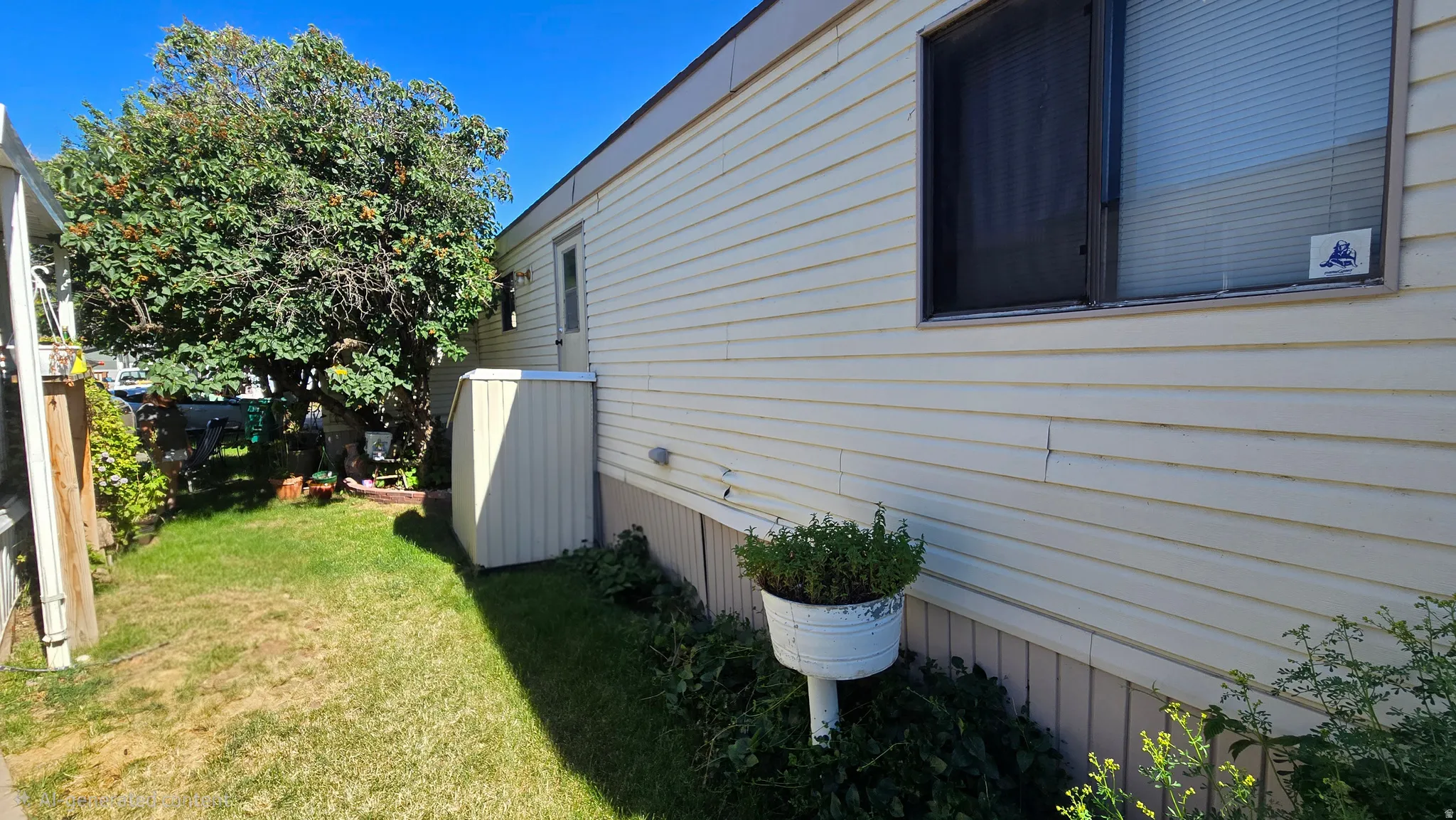 Exterior siding in a light neutral tone featuring a large window with blinds and a screen