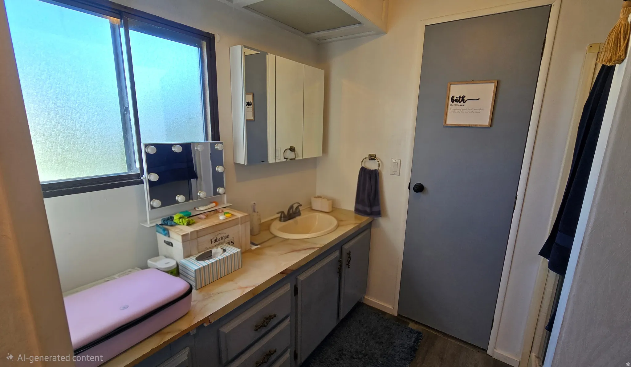 Bathroom vanity featuring a single basin sink, dual-door medicine cabinet, and frosted glass windows providing natural light