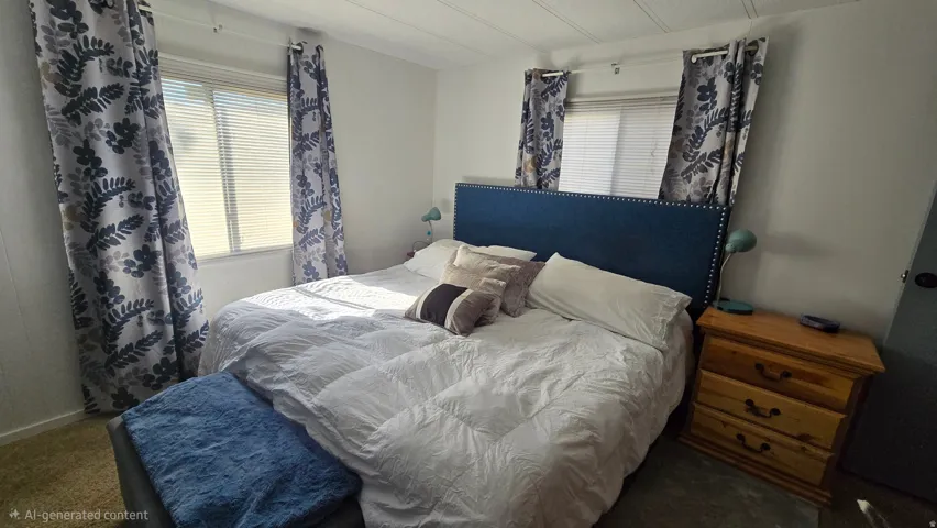 Bedroom featuring white walls and a large window with horizontal blinds and decorative curtains