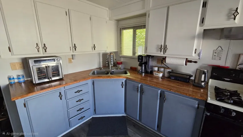 Galley kitchen featuring white upper cabinetry, blue lower cabinetry, wood-finish countertops, and a stainless steel sink with a high-arc faucet