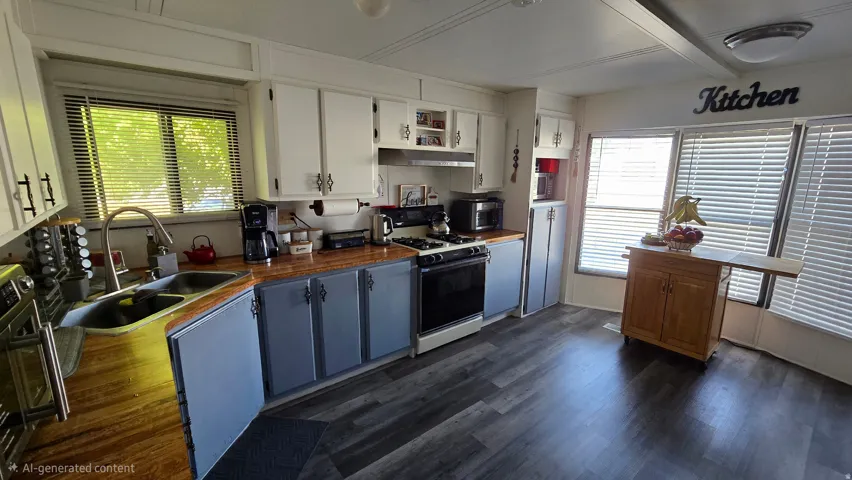 Kitchen featuring wood-finish countertops, dual-tone cabinetry, stainless steel sink, gas range, and wood-finish flooring