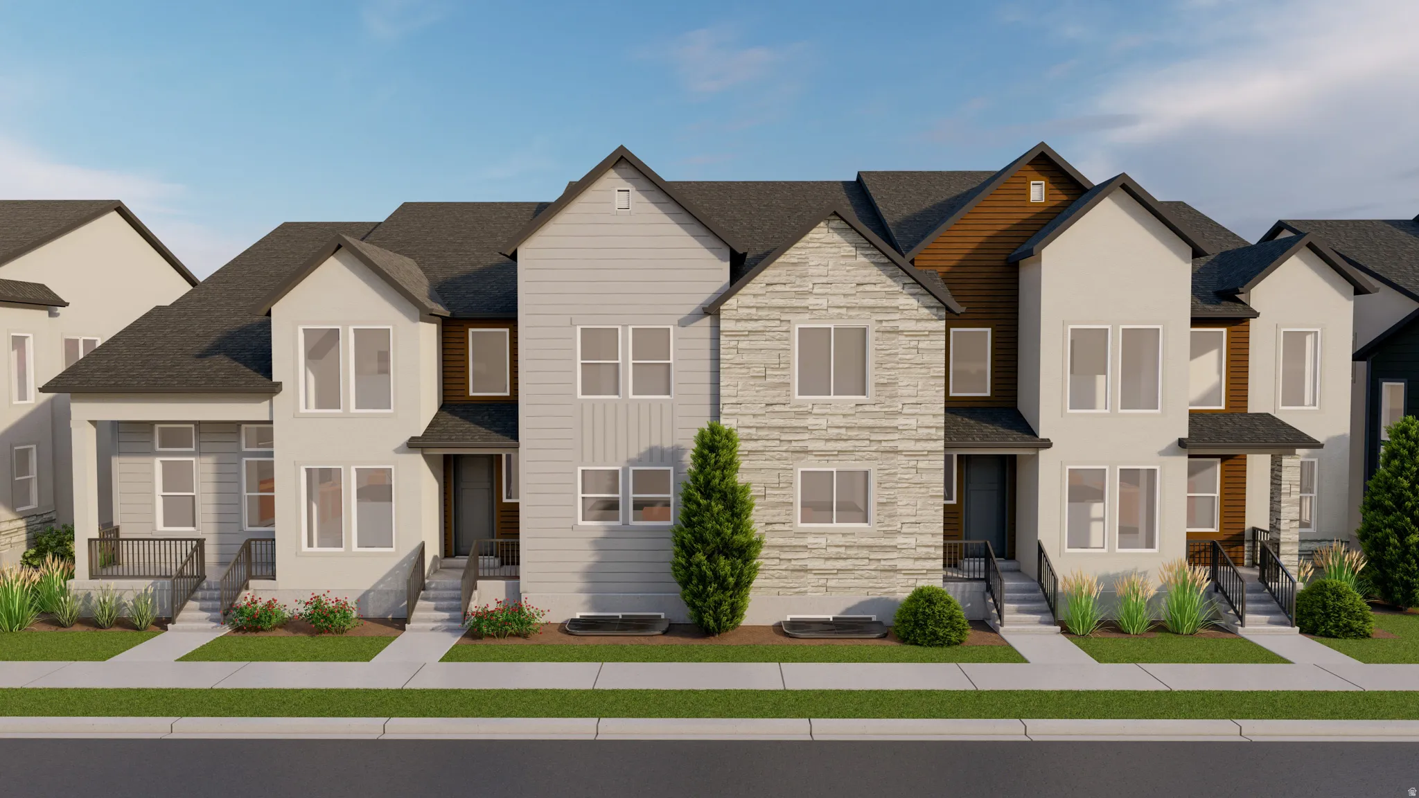 Contemporary townhome exterior featuring a multi-textured facade with stone accents, horizontal siding, and dark trim