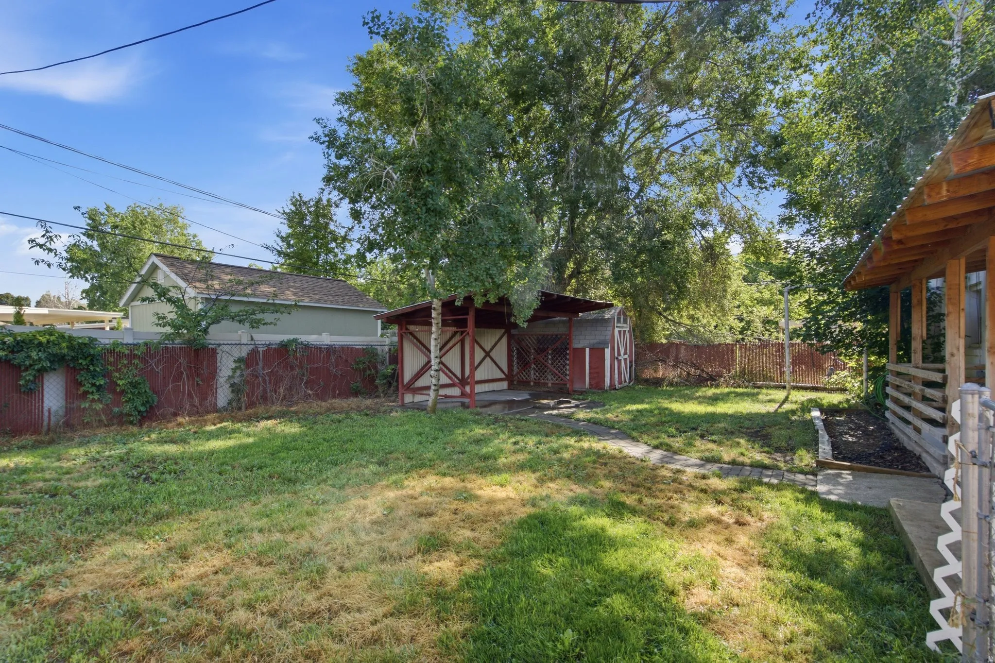 Expansive backyard featuring a covered patio, a separate covered structure, and a storage shed with a red and white finish