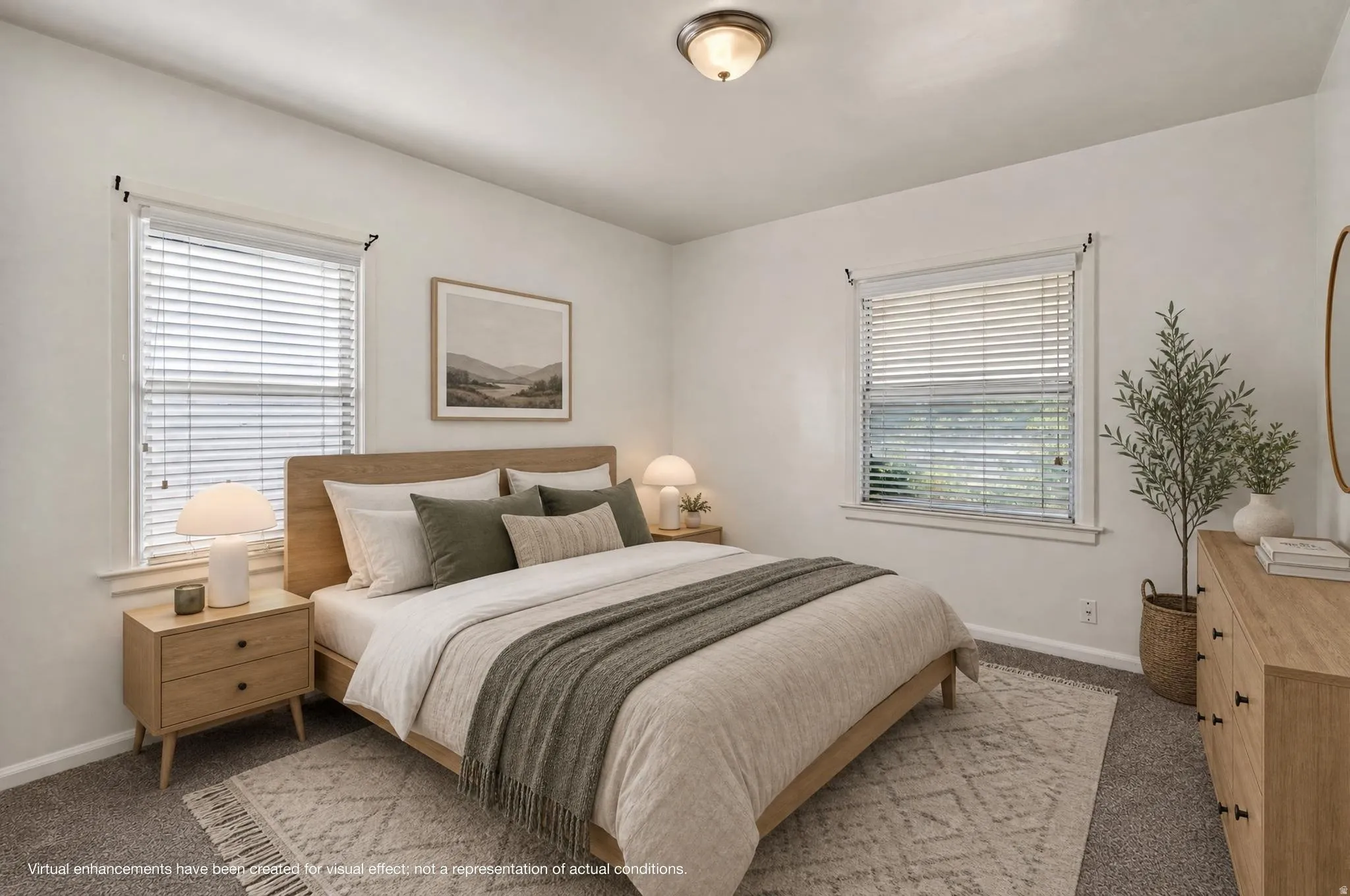 Neutral wall paint and textured carpet flooring define this room