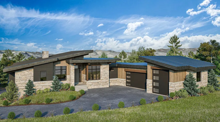 Modern architectural style residence featuring a stone and wood siding exterior