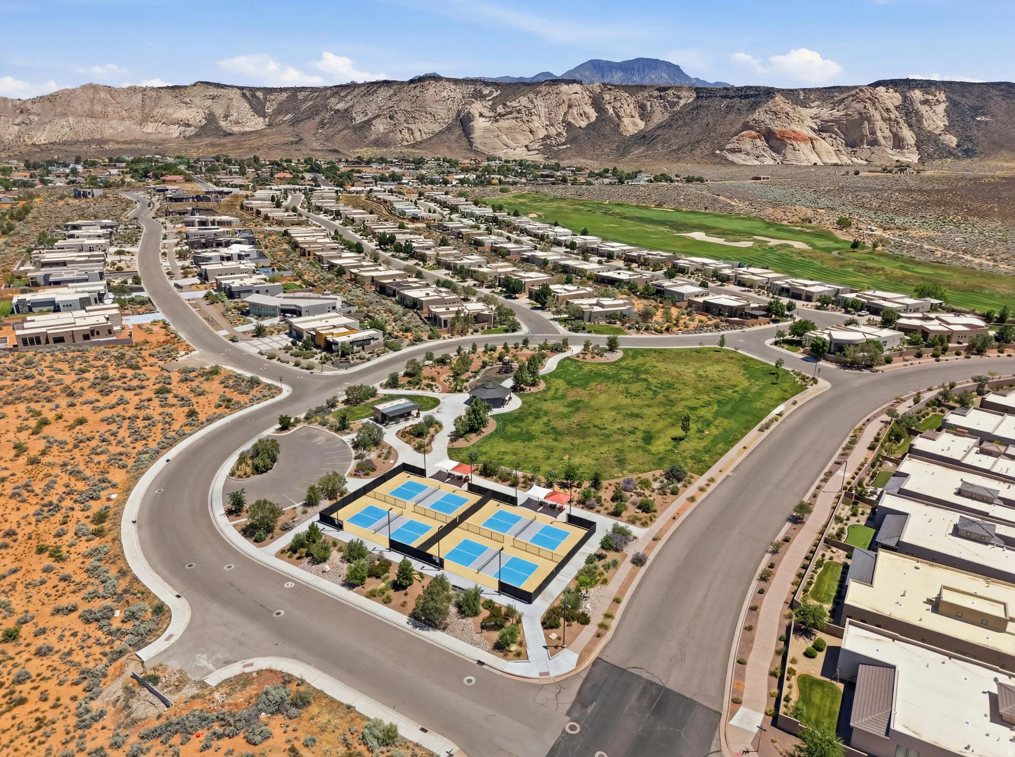 Community amenities feature four pickleball courts, an expansive green space, paved pathways, and surrounding residential properties