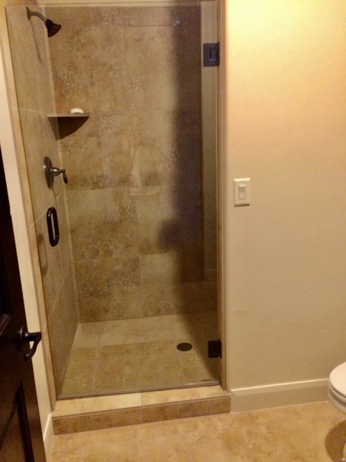 Tiled shower with a glass enclosure and a built-in corner shelf