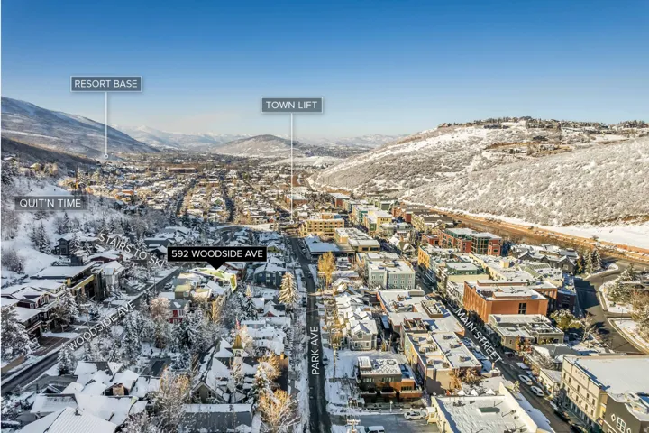 Aerial perspective showcasing the property at 592 Woodside Ave amidst a snowy landscape