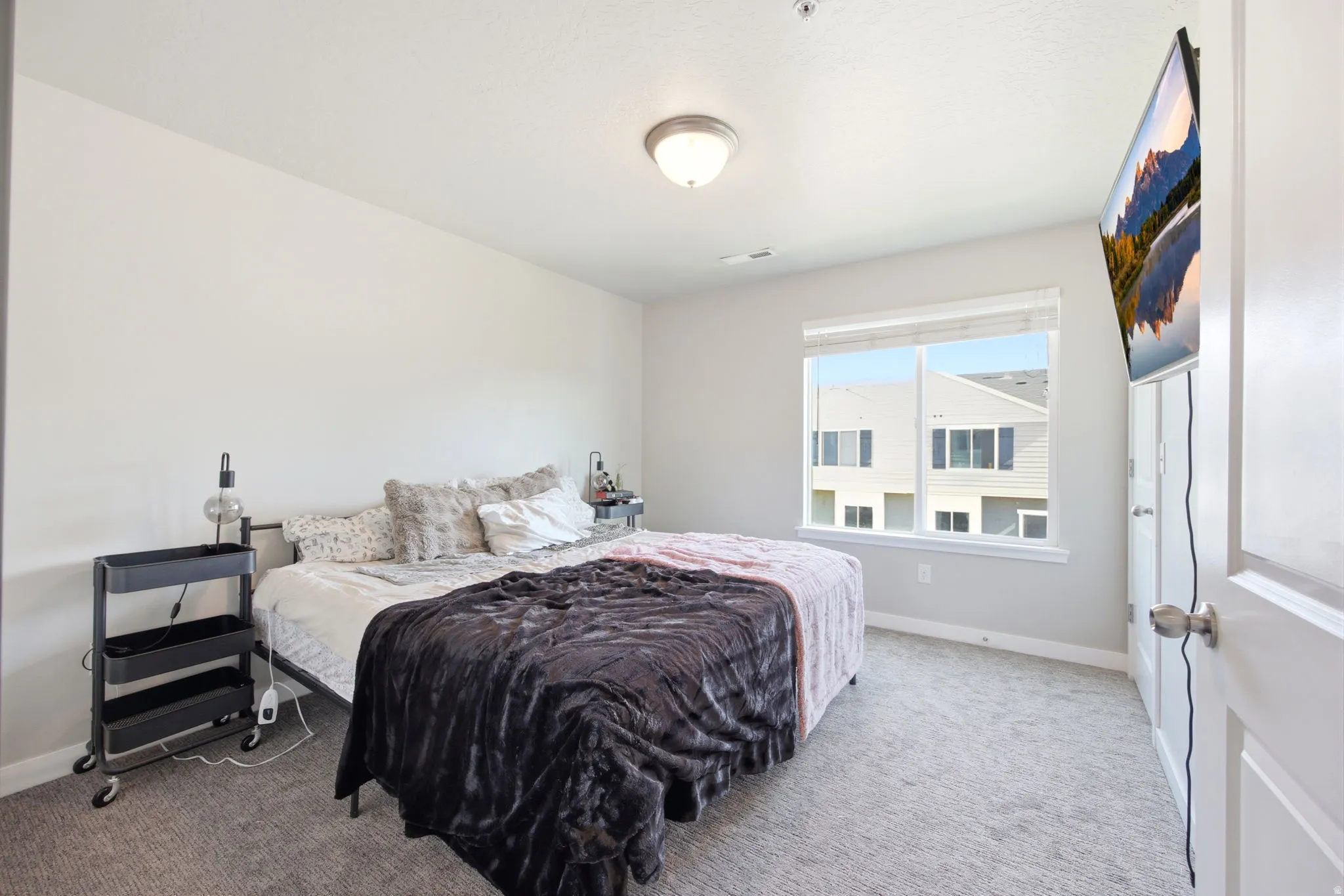 Primary, featuring a large window, a ceiling-mounted light fixture, and white painted walls