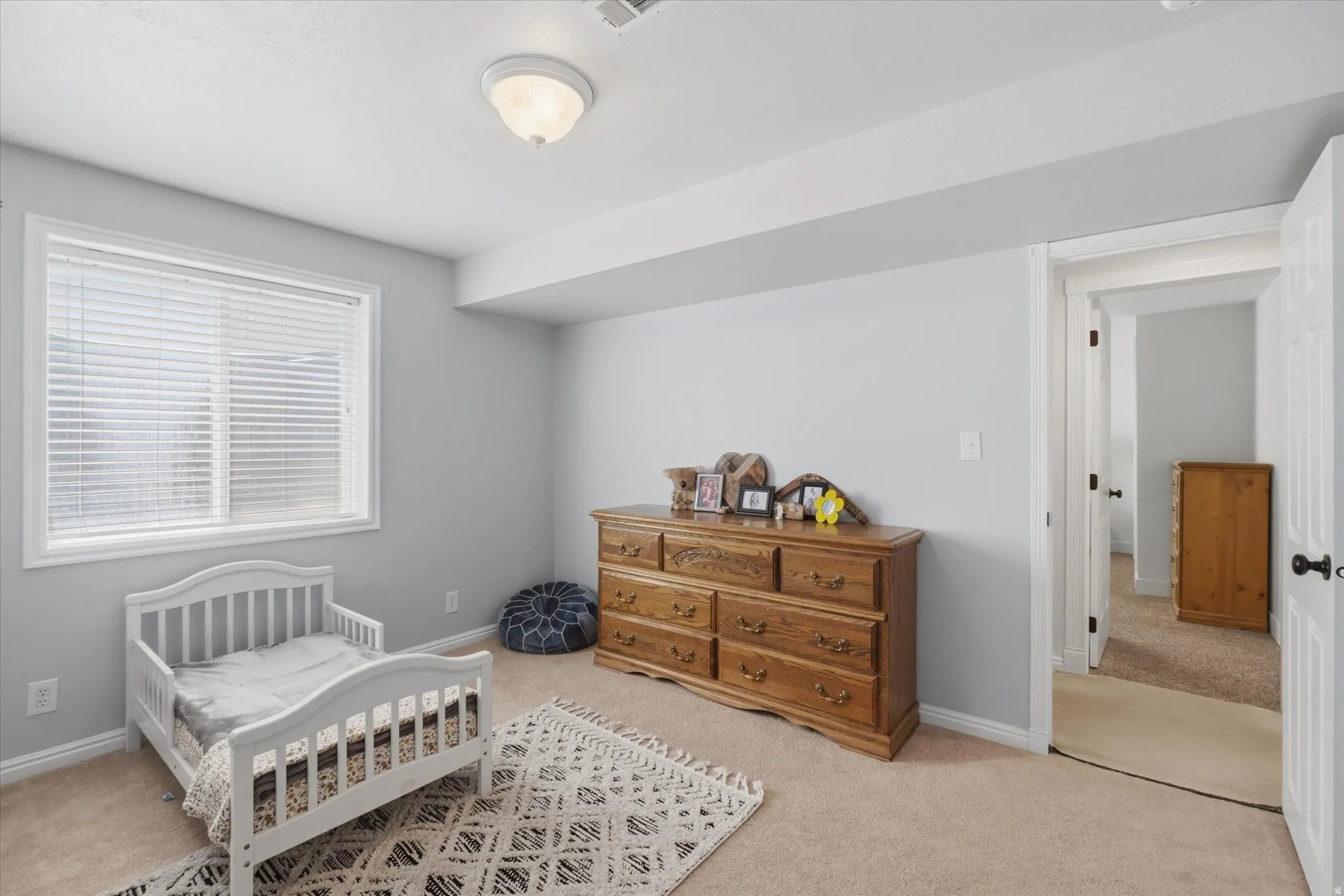 Carpeted room with light gray walls, a flush-mount ceiling light, and a window with white blinds