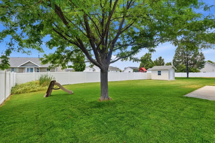 Expansive backyard featuring a mature shade tree, a white vinyl privacy fence, and a concrete patio pad