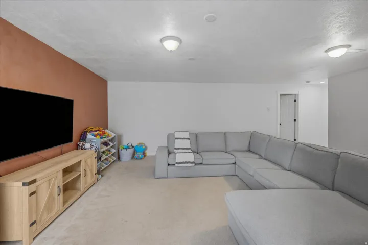 Spacious room featuring neutral carpeting, a contrasting accent wall, and a recessed ceiling light