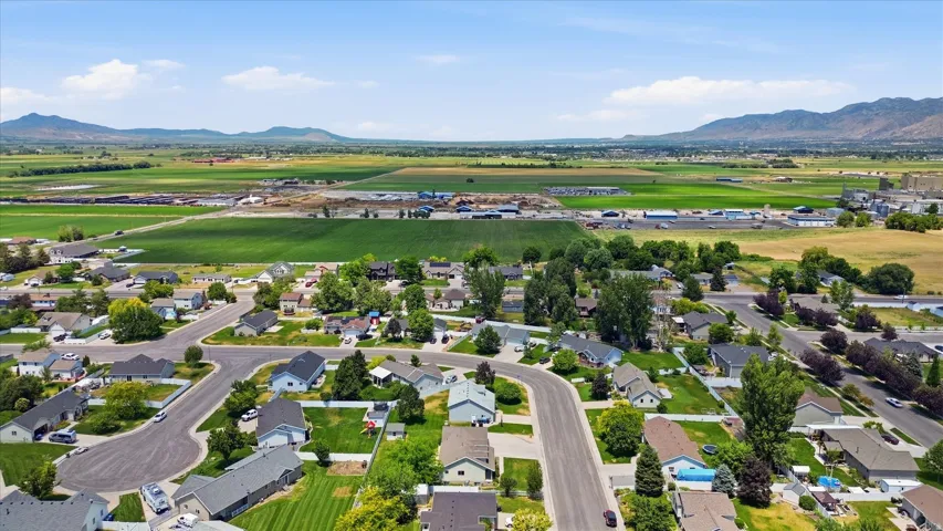 Aerial perspective showcasing a residential neighborhood with curved streets, individual homes, mature trees, and expansive green fields extending to distant mountains under a clear sky