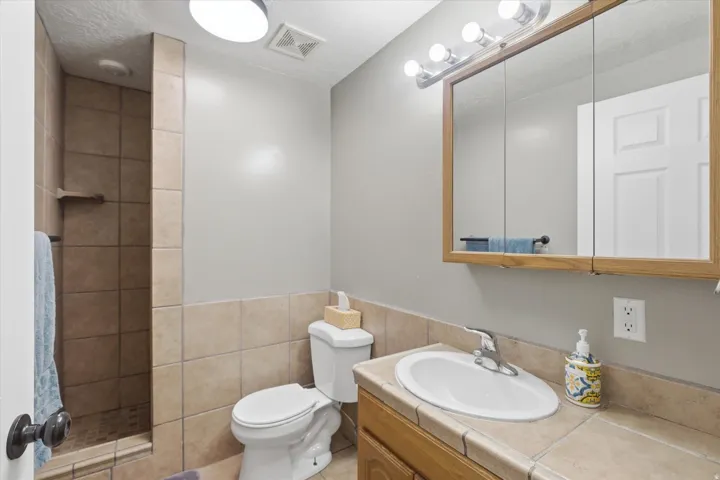 Bathroom featuring a tiled shower stall with built-in shelf, a white toilet, and a vanity with a drop-in sink