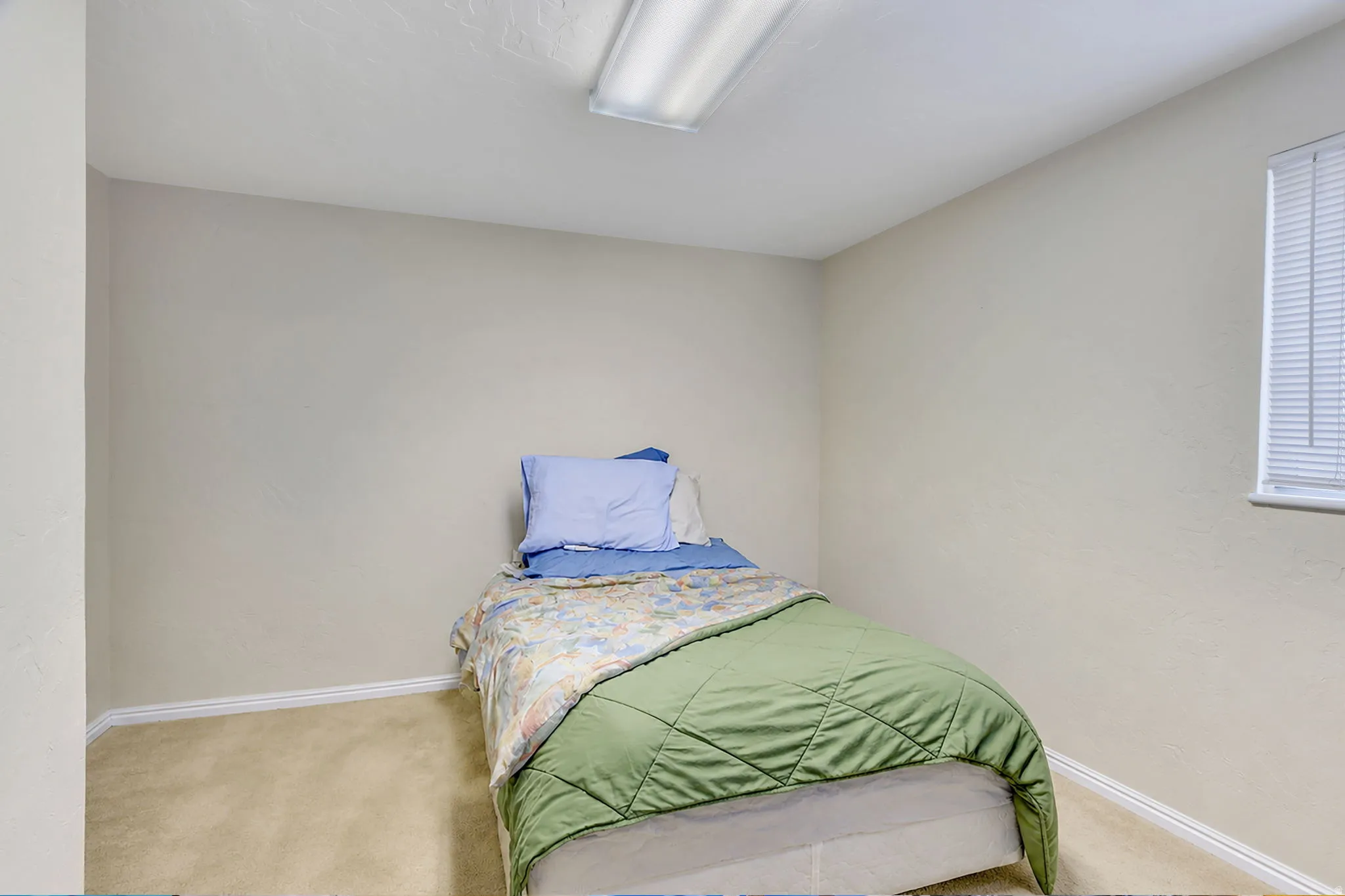 Carpeted room featuring a single window with blinds and a fluorescent ceiling light fixture