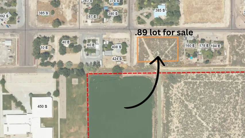 Aerial Parcel Map. Displaying a .89-acre lot available for acquisition