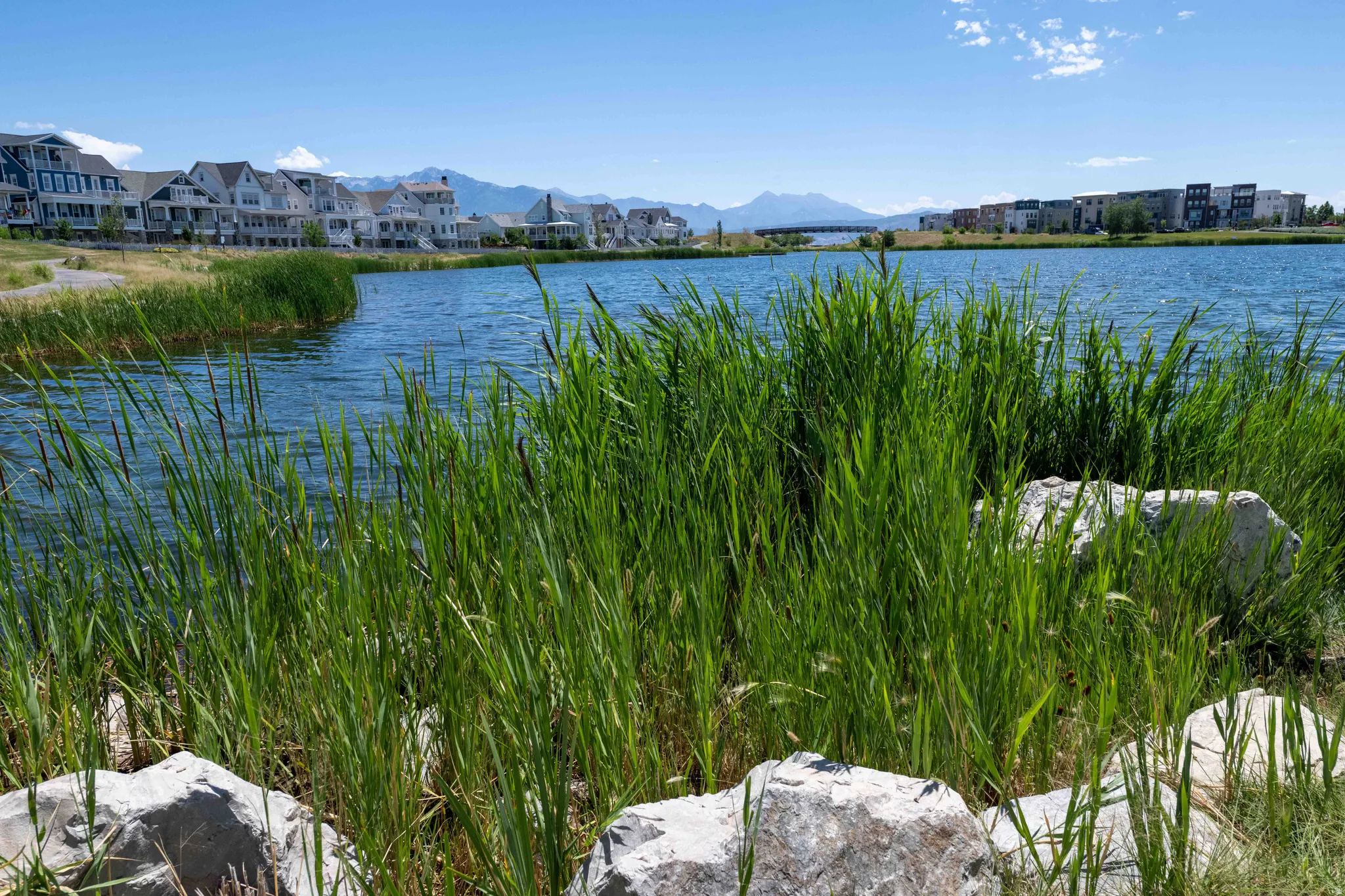 Waterfront property with established shoreline vegetation and rock accents