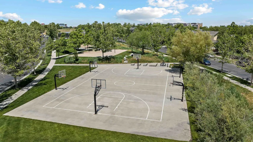 Concrete basketball court featuring multiple hoops, surrounded by landscaped green spaces and mature trees
