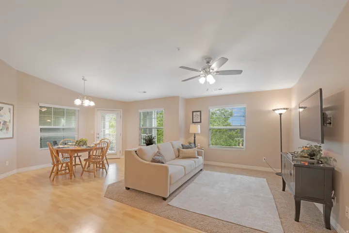 Vaulted ceilings a gift of being on the 3rd floor. Great views with loads of natural light. Spacious open living floorpan