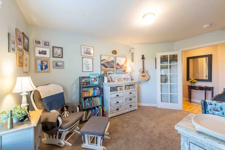 Carpeted interior space featuring a white French door, light-colored walls, and a ceiling-mounted light fixture