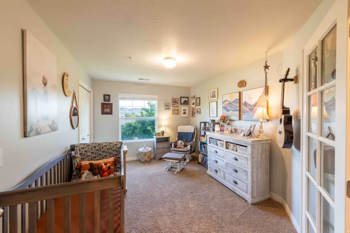 Carpeted room featuring a window with exterior visibility, a ceiling light fixture, and a white paneled door