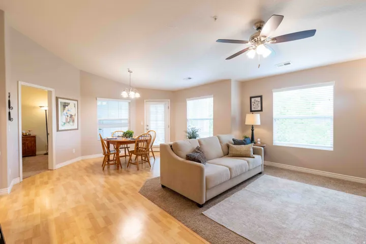 Spacious living area featuring wood-finish flooring, neutral wall tones, and ample natural light from multiple windows