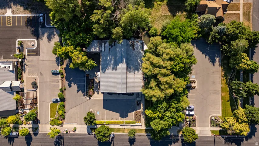 Commercial property featuring a large parking lot, mature trees, and landscaping elements