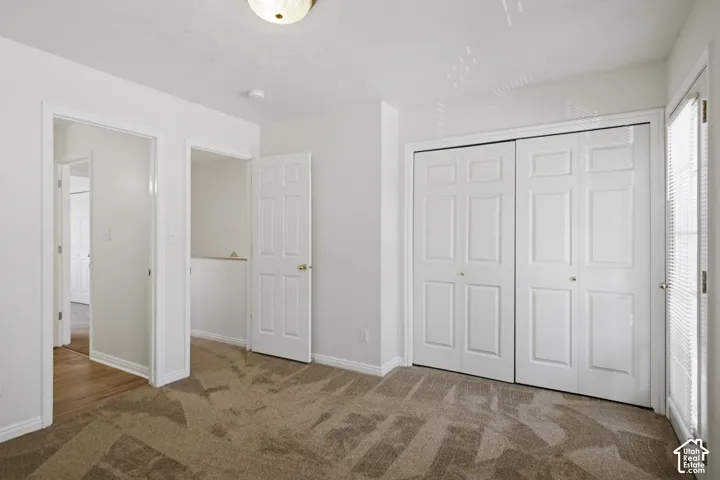 Room featuring neutral-toned carpet, white walls, and a ceiling-mounted light fixture